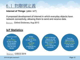Page 122015 All rights reserved ®
Internet of Things: (abbr. IoT)
A proposed development of internet in which everyday objects have
network connectivity, allowing them to send and receive data.
IoT Statistics:
Source: Oxford Dictionary, Aug 2013
6.1 物聯網定義
Source: CISCO 2014
 