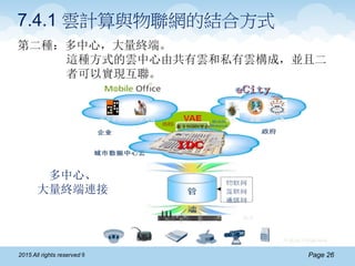 Page 262015 All rights reserved ®
多中心、
大量終端連接
第二種：多中心，大量終端。
這種方式的雲中心由共有雲和私有雲構成，並且二
者可以實現互聯。
7.4.1 雲計算與物聯網的結合方式
 