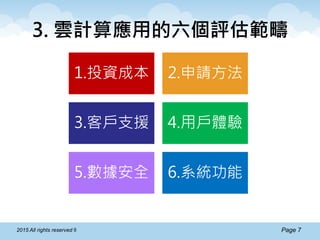 Page 72015 All rights reserved ®
3. 雲計算應用的六個評估範疇
1.投資成本 2.申請方法
3.客戶支援 4.用戶體驗
5.數據安全 6.系統功能
 