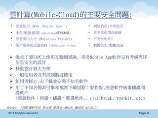 Page 92015 All rights reserved ®
Source: 中国联通研究院 张云勇 陈清金 潘松柏 魏进武 Nov2010
雲計算(Mobile-Cloud)的主要安全問題:
 繼承了源自PC上使用互聯網風險, 很多Mobile App軟件沒有考慮周詳
信息安全的設計
 †移動雲計算太方便
 一般使用者沒有控制數據使用
 †使用者輕心,去下載並安裝不知名軟件
 用了不知名搜索引擎和檔案下載組點：點對點,惡意軟件病毒蠕蟲間
諜軟件
†惡意軟件：病毒，蠕蟲，間諜軟件.. (jailbreak, rootkit, etc)
• 惡意使用 (DDoS, Stealth, Spam..) • 網絡釣魚/木馬程式
• 未知風險預測 (Heartland支付系统) • 共享技術潛在風險
• 惡意業內人士 (Malicious insider) • 不安全的API
• 賬戶服務或流量劫持 (DNS/Account stolen) • 數據丟失/數據洩漏
 