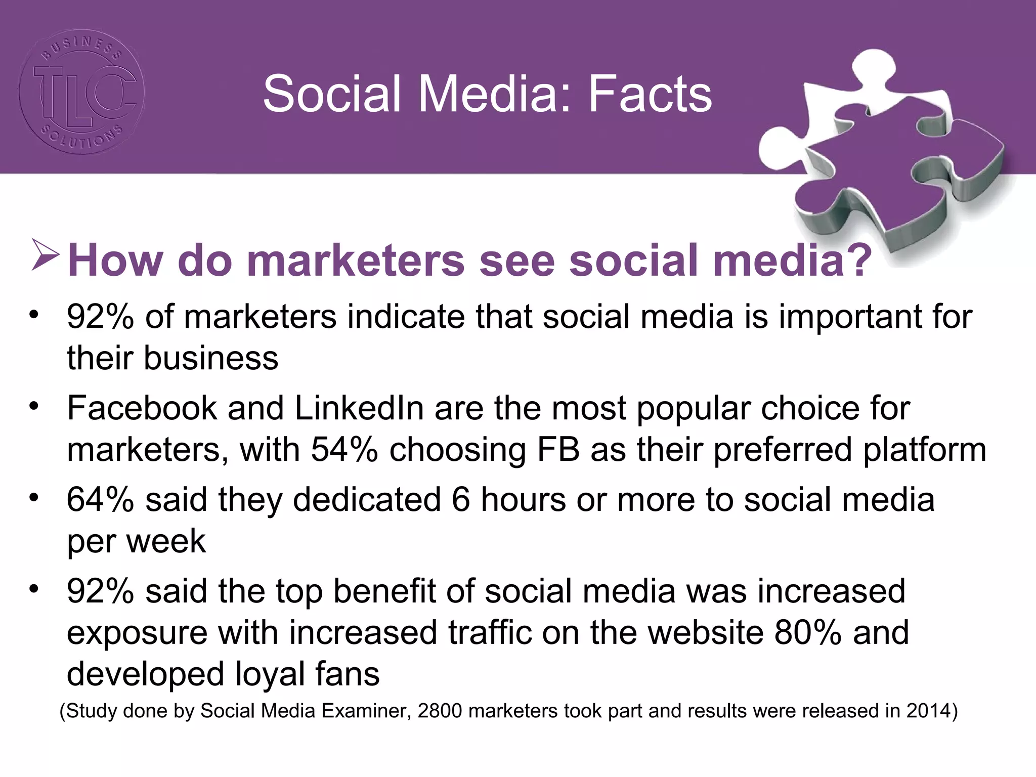 Social Media: Facts
How do marketers see social media?
• 92% of marketers indicate that social media is important for
their business
• Facebook and LinkedIn are the most popular choice for
marketers, with 54% choosing FB as their preferred platform
• 64% said they dedicated 6 hours or more to social media
per week
• 92% said the top benefit of social media was increased
exposure with increased traffic on the website 80% and
developed loyal fans
(Study done by Social Media Examiner, 2800 marketers took part and results were released in 2014)
 