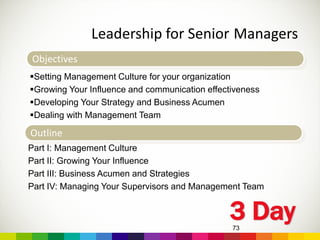 Leadership for Senior Managers
73
Objectives
Setting Management Culture for your organization
Growing Your Influence and communication effectiveness
Developing Your Strategy and Business Acumen
Dealing with Management Team
Outline
Part I: Management Culture
Part II: Growing Your Influence
Part III: Business Acumen and Strategies
Part IV: Managing Your Supervisors and Management Team
3 Day
 