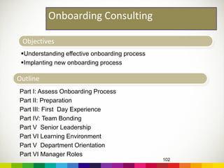Onboarding Consulting
102
Objectives
Understanding effective onboarding process
Implanting new onboarding process
Outline
Part I: Assess Onboarding Process
Part II: Preparation
Part III: First Day Experience
Part IV: Team Bonding
Part V Senior Leadership
Part VI Learning Environment
Part V Department Orientation
Part VI Manager Roles
 