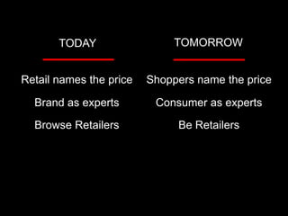 TODAY                  TOMORROW


Retail names the price   Shoppers name the price

  Brand as experts        Consumer as experts

  Browse Retailers            Be Retailers
 