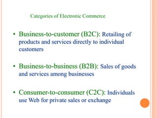 Categories of Electronic Commerce
• Business-to-customer (B2C): Retailing of
products and services directly to individual
customers
• Business-to-business (B2B): Sales of goods
and services among businesses
• Consumer-to-consumer (C2C): Individuals
use Web for private sales or exchange
 