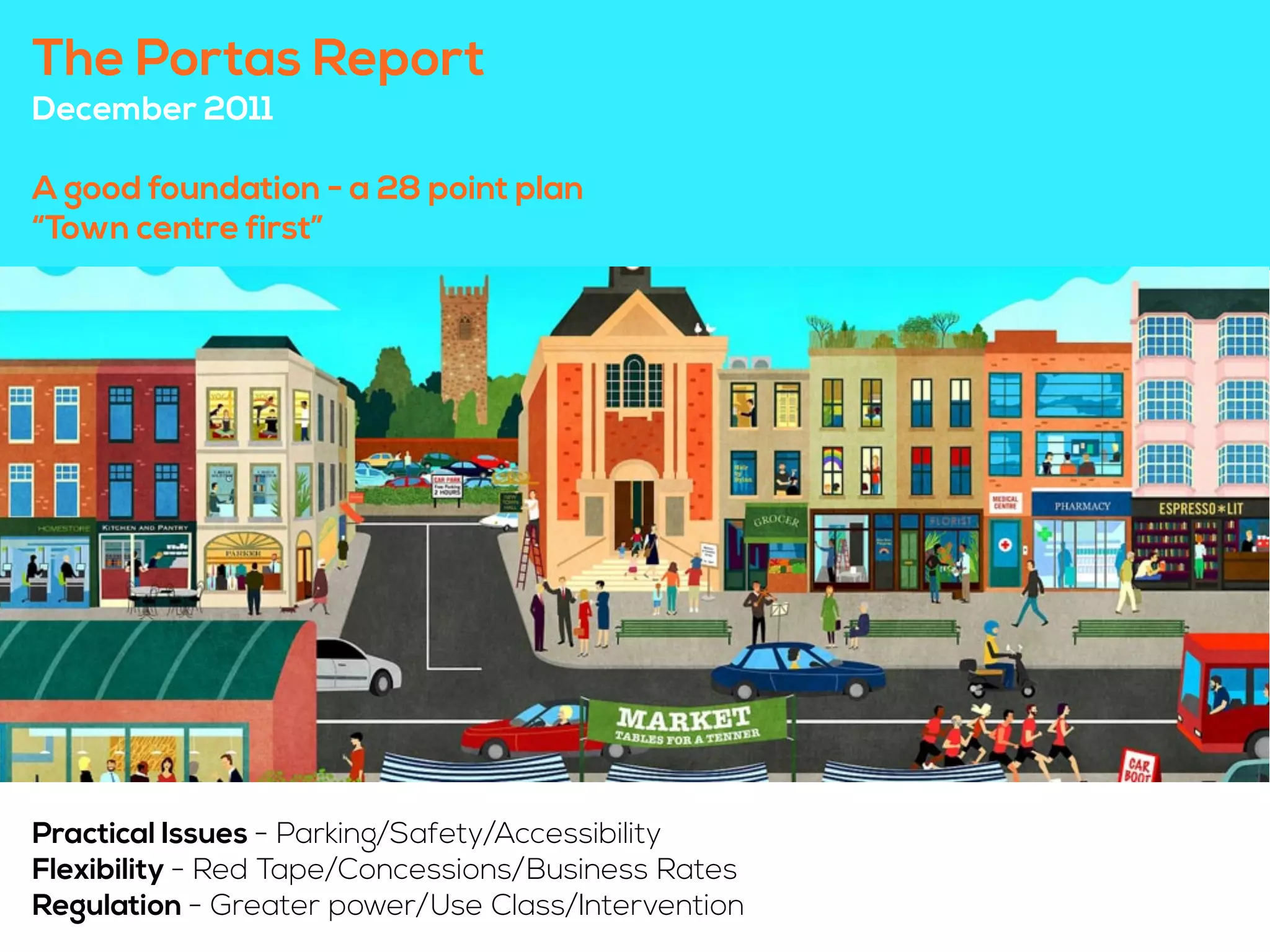 The Portas Report
December 2011
A good foundation - a 28 point plan
“Town centre first”
Practical Issues - Parking/Safety/Accessibility
Flexibility - Red Tape/Concessions/Business Rates
Regulation - Greater power/Use Class/Intervention
 