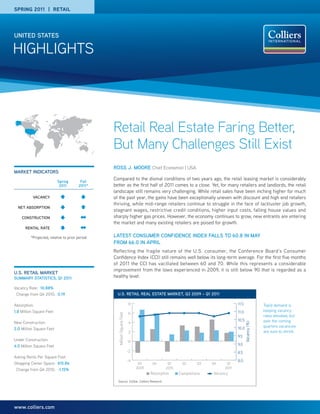 SPRING 2011 | RETAIL




UNITED STATES

HIGHLIGHTS




                                                Retail Real Estate Faring Better,
                                                But Many Challenges Still Exist
                                                ROSS J. MOORE Chief Economist | USA
MARKET INDICATORS
                                                Compared to the dismal conditions of two years ago, the retail leasing market is considerably
                          Spring        Fall
                           2011        2011*    better as the first half of 2011 comes to a close. Yet, for many retailers and landlords, the retail
                                                landscape still remains very challenging. While retail sales have been inching higher for much
           VACANCY                              of the past year, the gains have been exceptionally uneven with discount and high end retailers
                                                thriving, while mid-range retailers continue to struggle in the face of lackluster job growth,
  NET ABSORPTION
                                                stagnant wages, restrictive credit conditions, higher input costs, falling house values and
    CONSTRUCTION                                sharply higher gas prices. However, the economy continues to grow, new entrants are entering
                                                the market and many existing retailers are poised for growth.
      RENTAL RATE

         *Projected, relative to prior period   LATEST CONSUMER CONFIDENCE INDEX FALLS TO 60.8 IN MAY
                                                FROM 66.0 IN APRIL
                                                Reflecting the fragile nature of the U.S. consumer, the Conference Board’s Consumer
                                                Confidence Index (CCI) still remains well below its long-term average. For the first five months
                                                of 2011 the CCI has vacillated between 60 and 70. While this represents a considerable
                                                improvement from the lows experienced in 2009, it is still below 90 that is regarded as a
U.S. RETAIL MARKET
SUMMARY STATISTICS, Q1 2011                     healthy level.

Vacancy Rate: 10.88%
 Change from Q4 2010: 0.19                        U.S. RETAIL REAL ESTATE MARKET, Q3 2009 – Q1 2011

Absorption:                                                             8                                                    11.5                 Tepid demand is
1.8 Million Square Feet                                                                                                      11.0                 keeping vacancy
                                                                        6
                                                  Million Square Feet




                                                                                                                                                  rates elevated, but
                                                                                                                             10.5                 over the coming
New Construction:                                                       4
                                                                                                                                    Vacancy (%)




                                                                                                                             10.0                 quarters vacancies
2.0 Million Square Feet
                                                                        2                                                                         are sure to shrink.
                                                                                                                             9.5
Under Construction:                                                     0
4.0 Million Square Feet                                                                                                      9.0
                                                                        -2                                                   8.5
Asking Rents Per Square Foot
                                                                        -4                                                   8.0
Shopping Center Space: $15.86                                                 Q3     Q4      Q1     Q2      Q3   Q4    Q1
 Change from Q4 2010: -1.15%                                                 2009           2010                      2011
                                                                                    Absorption     Completions   Vacancy
                                                  Source: CoStar, Colliers Research




www.colliers.com
 
