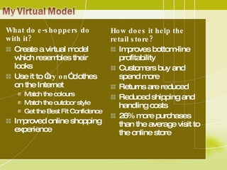 What do e-shoppers do with it? Create a virtual model which resembles their looks Use it to “ try on ” clothes on the Internet Match the colours Match the outdoor style Get the Best Fit Confidence Improved online shopping experience How does it help the retail store? Improves bottom-line profitability Customers buy and spend more Returns are reduced Reduced shipping and handling costs 26% more purchases than the average visit to the online store 