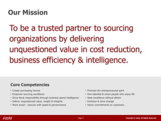 Our Mission

To be a trusted partner to sourcing
organizations by delivering
unquestioned value in cost reduction,
business efficiency & intelligence.

Core Competencies
•   Create purchasing heroes                                               •   Promote the entrepreneurial spirit
•   Empower sourcing excellence                                            •   Hire talented & smart people who enjoy life
•   Drive fiscal responsibility through business spend intelligence        •   Seek excellence without elitism
•   Deliver unquestioned value, insight & integrity                        •   Embrace & drive change
•   Work smart - execute with speed & perseverance                         •   Honor commitments to customers




                                                                  Page 3                                          Copyright © Iasta, All Rights Reserved
 