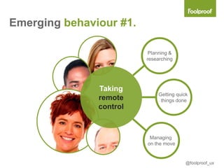 Emerging behaviour #1.

                          Planning &
                         researching




               Taking
                              Getting quick
               remote          things done
               control



                          Managing
                         on the move


                                          @foolproof_ux
 
