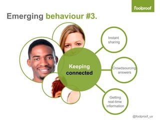 Emerging behaviour #3.

                           Instant
                           sharing




               Keeping       Crowdsourcing
              connected         answers




                            Getting
                           real-time
                          information

                                        @foolproof_ux
 