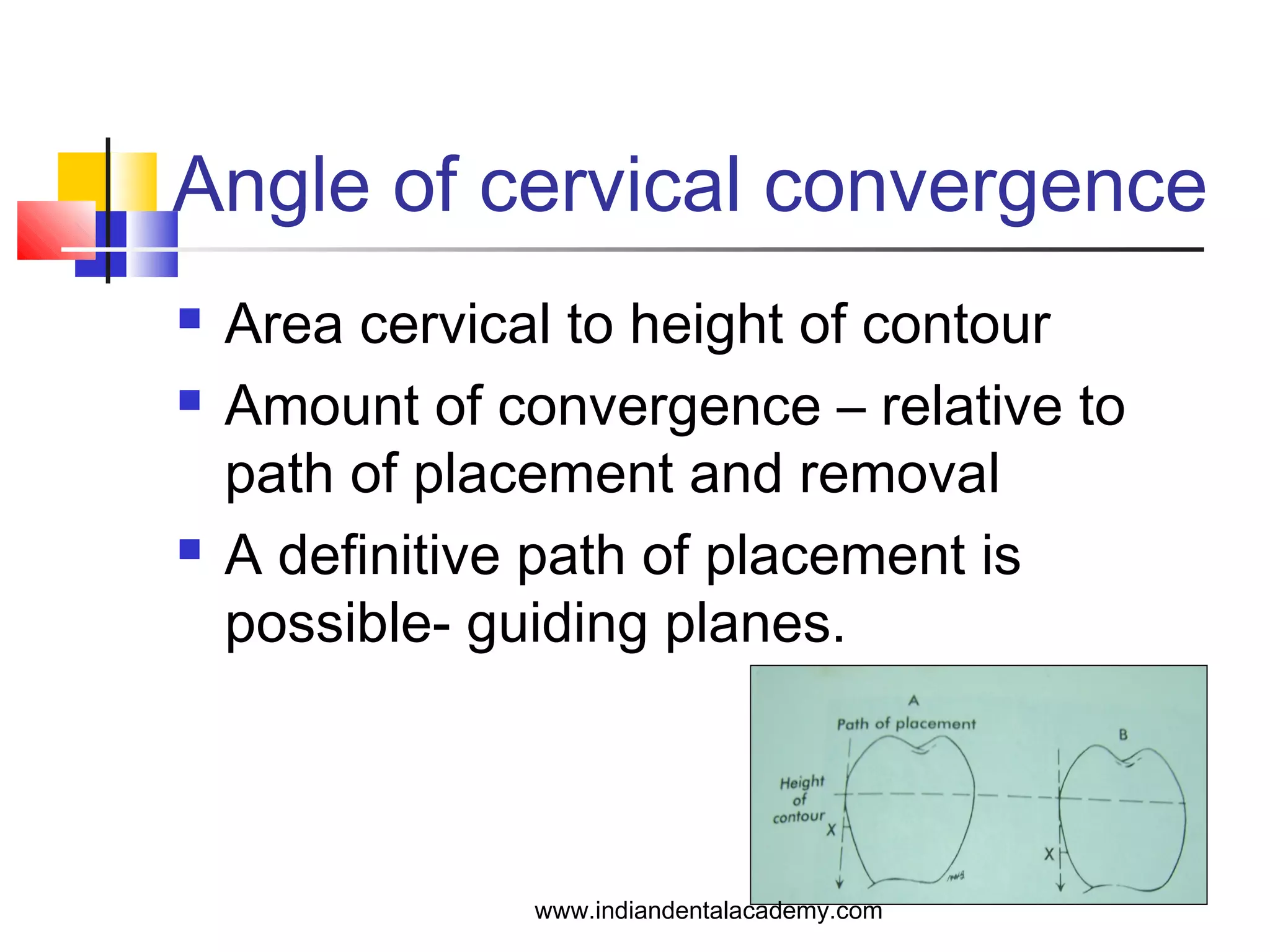 Angle of cervical convergence
 Area cervical to height of contour
 Amount of convergence – relative to
path of placement and removal
 A definitive path of placement is
possible- guiding planes.
www.indiandentalacademy.com
 