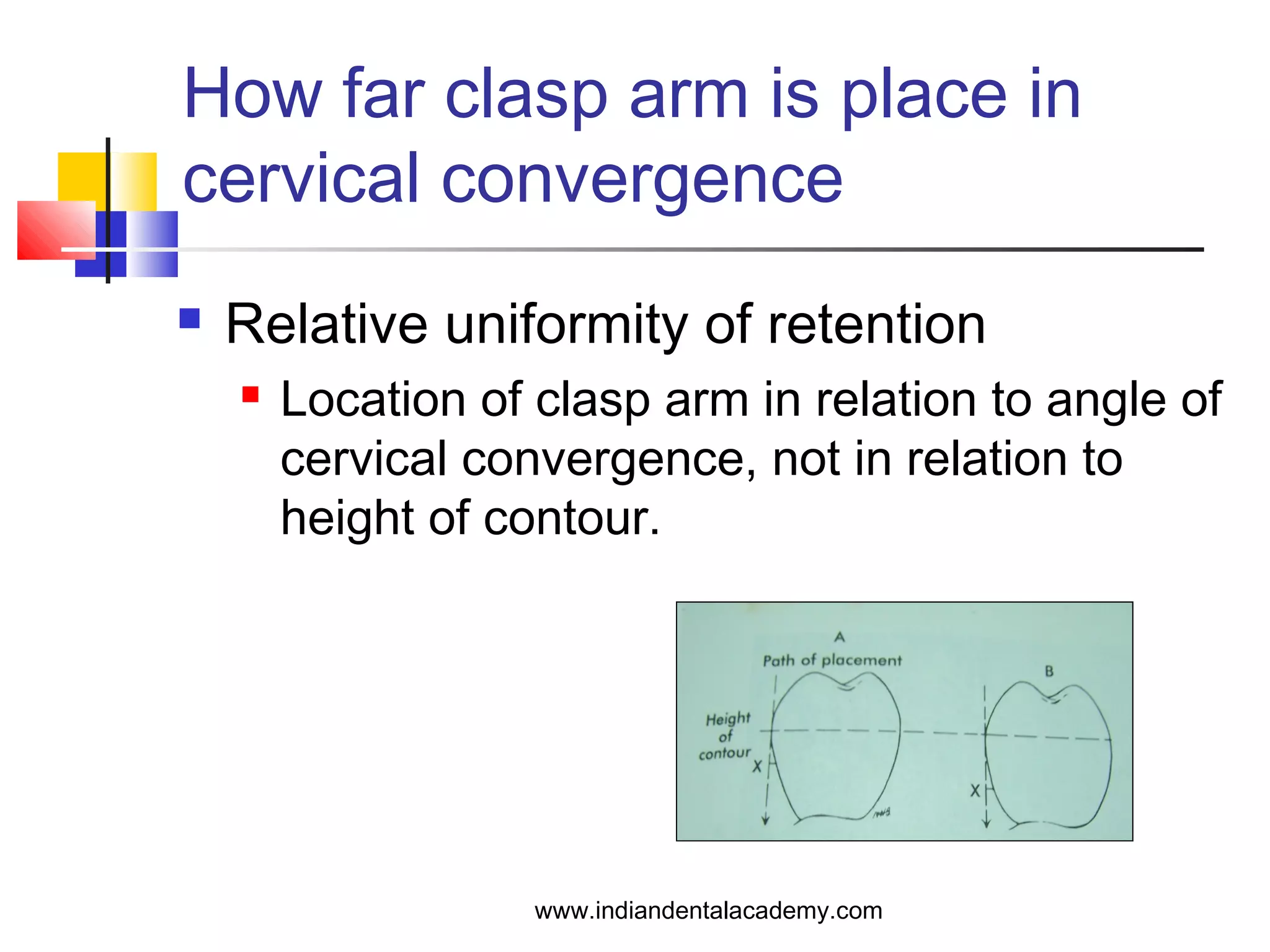 How far clasp arm is place in
cervical convergence
 Relative uniformity of retention
 Location of clasp arm in relation to angle of
cervical convergence, not in relation to
height of contour.
www.indiandentalacademy.com
 