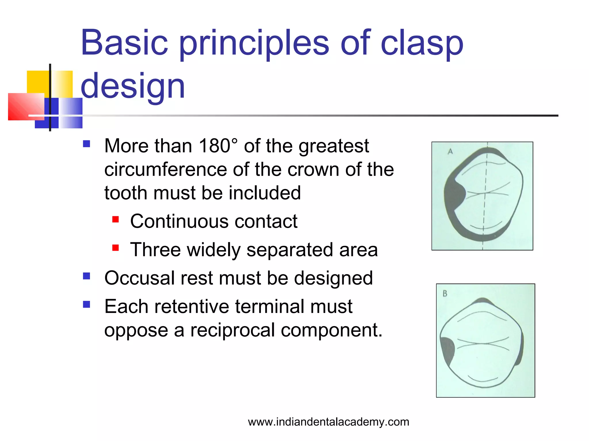 Basic principles of clasp
design
 More than 180° of the greatest
circumference of the crown of the
tooth must be included
 Continuous contact
 Three widely separated area
 Occusal rest must be designed
 Each retentive terminal must
oppose a reciprocal component.
www.indiandentalacademy.com
 