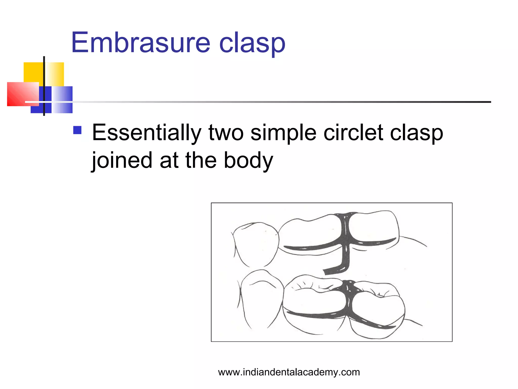 Embrasure clasp
 Essentially two simple circlet clasp
joined at the body
www.indiandentalacademy.com
 