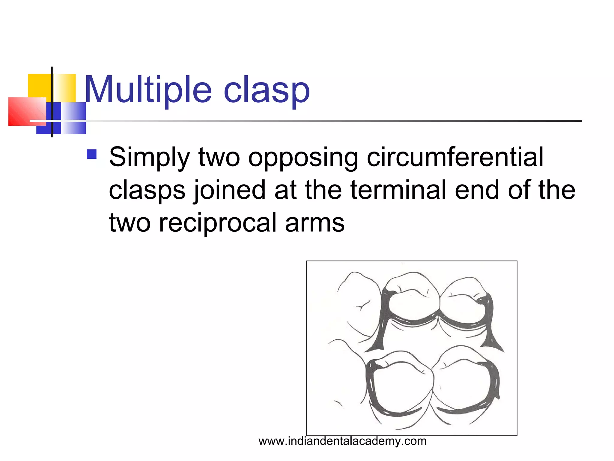 Multiple clasp
 Simply two opposing circumferential
clasps joined at the terminal end of the
two reciprocal arms
www.indiandentalacademy.com
 