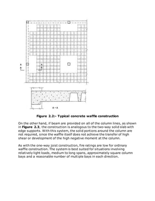 Figure 2.2:- Typical concrete waffle construction
On the other hand, if beam are provided on all of the column lines, as shown
in Figure 2.3, the construction is analogous to the two-way solid slab with
edge supports. With this system, the solid portions around the column are
not required, since the waffle itself does not achieve the transfer of high
shear or development of the high negative moment at the column.
As with the one-way joist construction, fire ratings are low for ordinary
waffle construction. The system is best suited for situations involving
relatively light loads, medium to long spans, approximately square column
bays and a reasonable number of multiple bays in each direction.
 