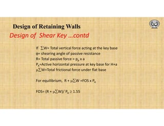 Design of Retaining Walls
If W= Total vertical force acting at the key base
= shearing angle of passive resistance
R= Total passive force = pp x a
PA=Active horizontal pressure at key base for H+a
W=Total frictional force under flat base
For equilibrium, R + W =FOS x PA
FOS= (R + W)/ PA  1.55
Design of Shear Key …contd
 