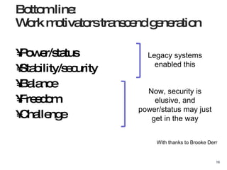 Power/status Stability/security Balance Freedom Challenge Bottom line: Work motivators transcend generation Legacy systems enabled this Now, security is elusive, and power/status may just get in the way With thanks to Brooke Derr 