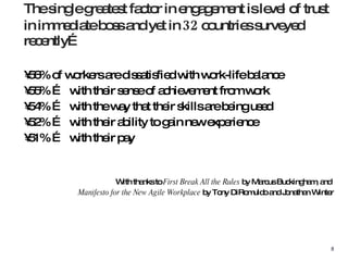 56% of workers are dissatisfied with work-life balance 55% …  with their sense of achievement from work 54% …  with the way that their skills are being used 52% …  with their ability to gain new experience 51% …  with their pay With thanks to  First Break All the Rules  by Marcus Buckingham, and  Manifesto for the New Agile Workplace  by Tony DiRomuldo and Jonathan Winter The single greatest factor in engagement is level of trust in immediate boss and yet in  32  countries surveyed recently… 