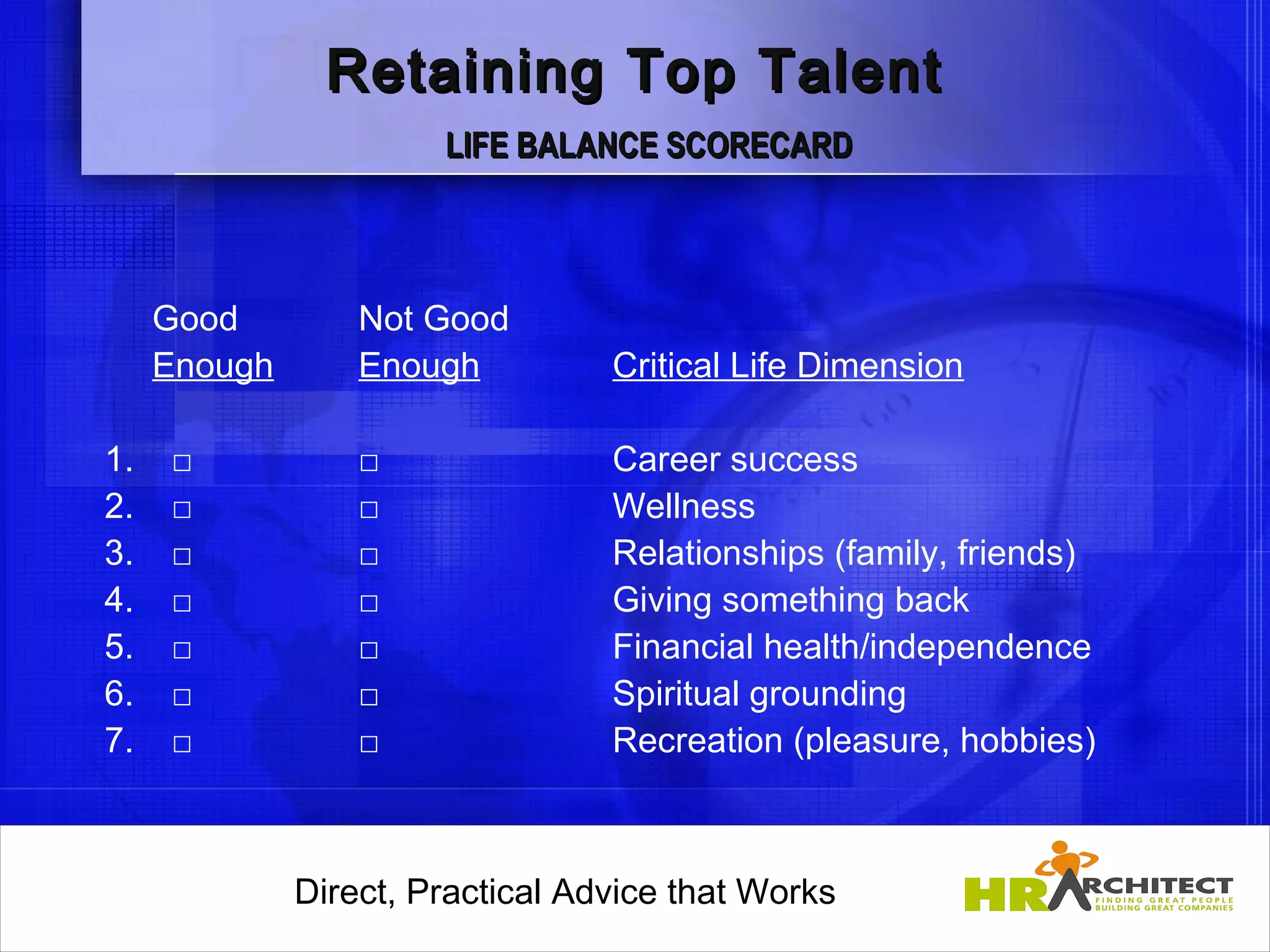 Retaining Top Talent
                        LIFE BALANCE SCORECARD

 

     Good         Not Good
     Enough       Enough            Critical Life Dimension

1.   □            □                 Career success
2.   □            □                 Wellness
3.   □            □                 Relationships (family, friends)
4.   □            □                 Giving something back
5.   □            □                 Financial health/independence
6.   □            □                 Spiritual grounding
7.   □            □                 Recreation (pleasure, hobbies)



              Direct, Practical Advice that Works
                  Direct, Practical Advice that Works
 