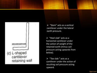  “Stem” acts as a vertical
cantilever under the lateral
earth pressure.
 “Heel slab” acts as a
horizontal cantilever under
the action of weight of the
retained earth (minus soil
pressure acting upwards from
below).
 “Toe slab ” acts as a
cantilever under the action of
resulting soil pressure acting
upward.
 