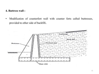 4. Buttress wall :
• Modification of counterfort wall with counter forts called buttresses,
provided to other side of backfill.
11
 