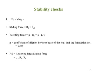 Stability checks
1. No sliding :-
• Sliding force = Rh = Pah
• Resisting force = μ . Rv = μ . Σ V
μ = coefficient of friction between base of the wall and the foundation soil
= tanΦ
• F.S = Restoring force/Sliding force
= μ . Rv /Rh
24
 