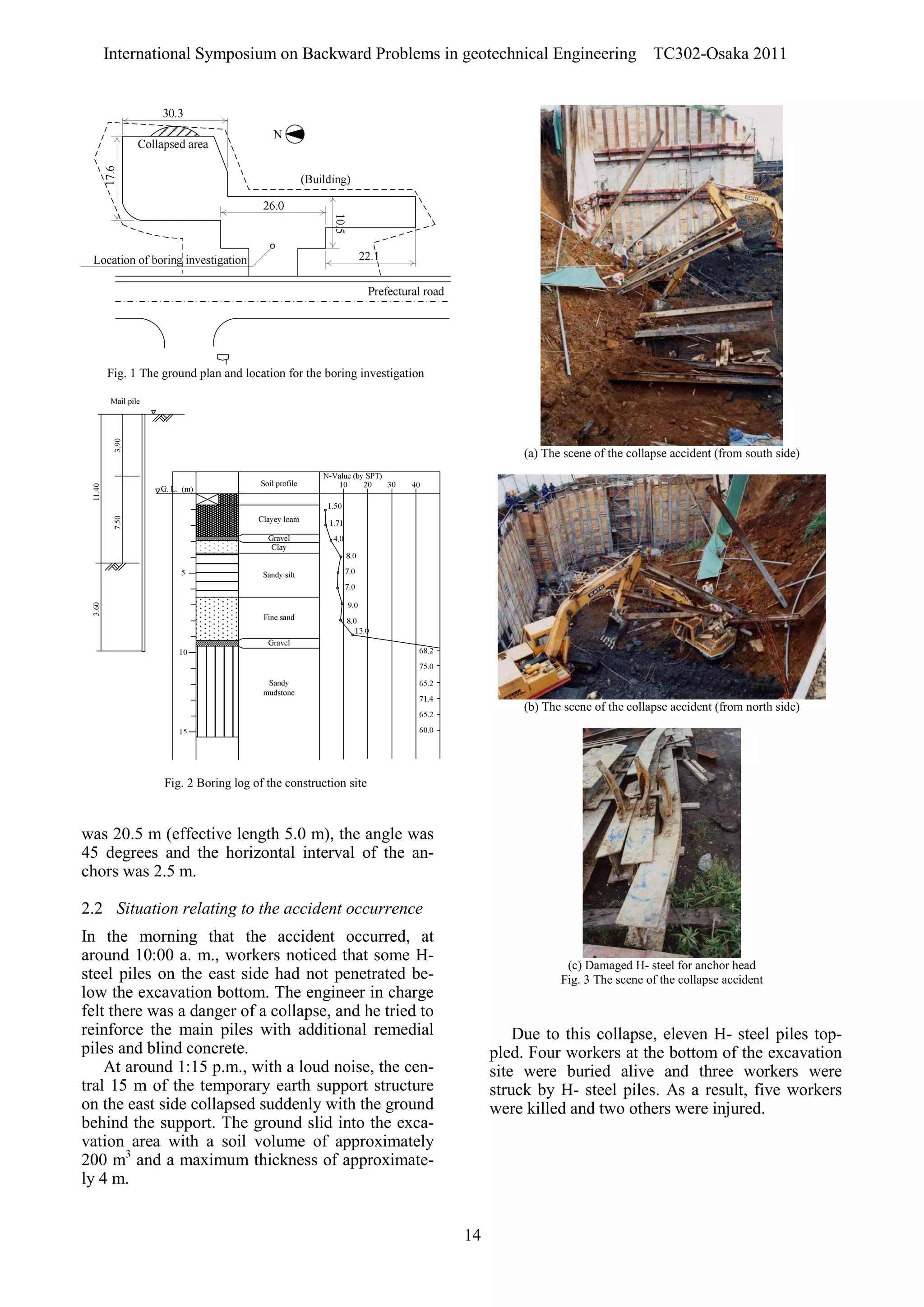 International Symposium on Backward Problems in geotechnical Engineering TC302-Osaka 2011
14
was 20.5 m (effective length 5.0 m), the angle was
45 degrees and the horizontal interval of the an-
chors was 2.5 m.
2.2 Situation relating to the accident occurrence
In the morning that the accident occurred, at
around 10:00 a. m., workers noticed that some H-
steel piles on the east side had not penetrated be-
low the excavation bottom. The engineer in charge
felt there was a danger of a collapse, and he tried to
reinforce the main piles with additional remedial
piles and blind concrete.
At around 1:15 p.m., with a loud noise, the cen-
tral 15 m of the temporary earth support structure
on the east side collapsed suddenly with the ground
behind the support. The ground slid into the exca-
vation area with a soil volume of approximately
200 m3
and a maximum thickness of approximate-
ly 4 m.
Due to this collapse, eleven H- steel piles top-
pled. Four workers at the bottom of the excavation
site were buried alive and three workers were
struck by H- steel piles. As a result, five workers
were killed and two others were injured.
17.6
10.5
Fig. 1 The ground plan and location for the boring investigation
11.40
3.60
7.50
3.90
Fig. 2 Boring log of the construction site
(a) The scene of the collapse accident (from south side)
(b) The scene of the collapse accident (from north side)
(c) Damaged H- steel for anchor head
Fig. 3 The scene of the collapse accident
 
