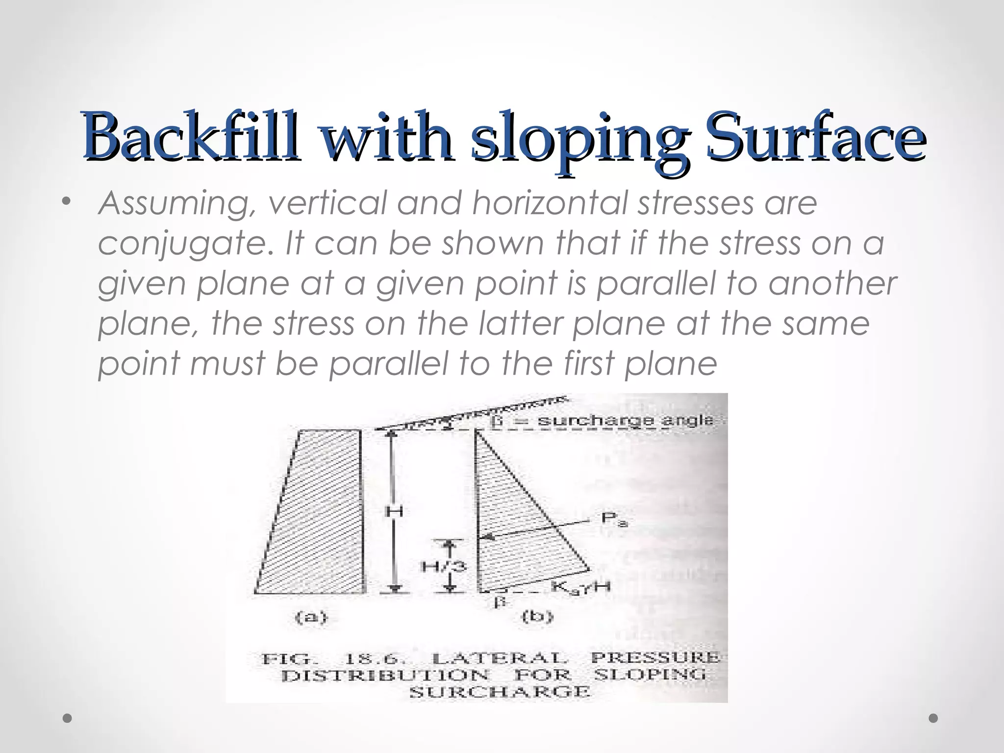 Backfill with sloping SurfaceBackfill with sloping Surface
• Assuming, vertical and horizontal stresses are
conjugate. It can be shown that if the stress on a
given plane at a given point is parallel to another
plane, the stress on the latter plane at the same
point must be parallel to the first plane
 