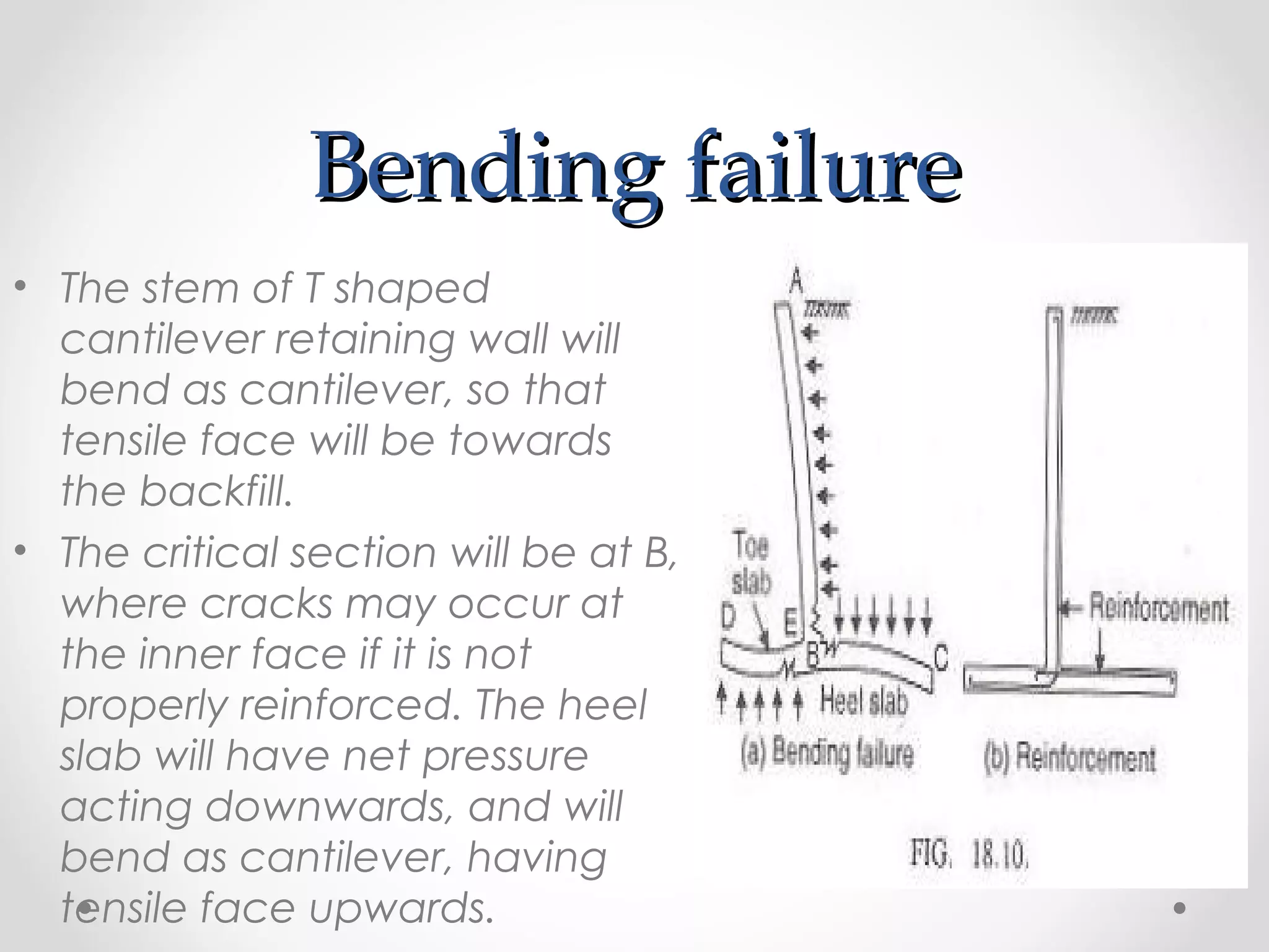 Bending failureBending failure
• The stem of T shaped
cantilever retaining wall will
bend as cantilever, so that
tensile face will be towards
the backfill.
• The critical section will be at B,
where cracks may occur at
the inner face if it is not
properly reinforced. The heel
slab will have net pressure
acting downwards, and will
bend as cantilever, having
tensile face upwards.
 
