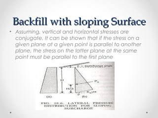 Backfill with sloping SurfaceBackfill with sloping Surface
• Assuming, vertical and horizontal stresses are
conjugate. It can be shown that if the stress on a
given plane at a given point is parallel to another
plane, the stress on the latter plane at the same
point must be parallel to the first plane
 