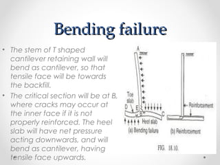 Bending failureBending failure
• The stem of T shaped
cantilever retaining wall will
bend as cantilever, so that
tensile face will be towards
the backfill.
• The critical section will be at B,
where cracks may occur at
the inner face if it is not
properly reinforced. The heel
slab will have net pressure
acting downwards, and will
bend as cantilever, having
tensile face upwards.
 