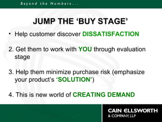 JUMP THE ‘BUY STAGE’ Help customer discover  DISSATISFACTION 2. Get them to work with  YOU   through evaluation stage 3. Help them minimize purchase risk (emphasize your product’s  ‘SOLUTION’ ) 4. This is new world of  CREATING DEMAND 