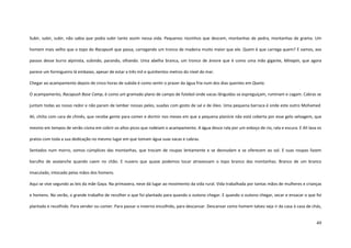 49
Subir, subir, subir, não sabia que podia subir tanto assim nessa vida. Pequenos riozinhos que descem, montanhas de pedra, montanhas de grama. Um
homem mais velho que o topo do Racapush que passa, carregando um tronco de madeira muito maior que ele. Quem é que carrega quem? E vamos, aos
passos desse burro alpinista, subindo, parando, olhando. Uma abelha branca, um tronco de árvore que é como uma mão gigante, Minapin, que agora
parece um formigueiro lá embaixo, apesar de estar a três mil e quinhentos metros do nível do mar.
Chegar ao acampamento depois de cinco horas de subida é como sentir o prazer da água fria num dos dias quentes em Queta.
O acampamento, Racapush Base Camp, é como um gramado plano de campo de futebol onde vacas lânguidas se espreguiçam, ruminam e cagam. Cabras se
juntam todas ao nosso redor e não param de lamber nossas peles, suadas com gosto de sal e de óleo. Uma pequena barraca é onde este outro Mohamed
Ali, chiíta com cara de chinês, que recebe gente para comer e dormir nos meses em que a pequena planície não está coberta por esse gelo selvagem, que
mesmo em tempos de verão cisma em cobrir os altos picos que rodeiam o acampamento. A água desce rala por um esboço de rio, rala e escura. E Ali lava os
pratos com toda a sua dedicação no mesmo lugar em que tomam água suas vacas e cabras.
Sentados num morro, somos cúmplices das montanhas, que trocam de roupas lentamente e se desnudam e se oferecem ao sol. E suas roupas fazem
barulho de avalanche quando caem no chão. E nuvens que quase podemos tocar atravessam o topo branco das montanhas. Branco de um branco
imaculado, intocado pelas mãos dos homens.
Aqui se vive segundo as leis da mãe Gaya. Na primavera, neve dá lugar ao movimento da vida rural. Vida trabalhada por tantas mãos de mulheres e crianças
e homens. No verão, o grande trabalho de recolher o que foi plantado para quando o outono chegar. E quando o outono chegar, secar e ensacar o que foi
plantado e recolhido. Para vender ou comer. Para passar o inverno encolhido, para descansar. Descansar como homem talvez seja ir da casa à casa de chás,
 