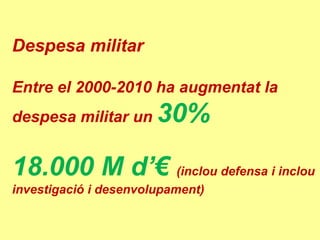 Despesa militar

Entre el 2000-2010 ha augmentat la
despesa militar un     30%

18.000 M d’€ (inclou defensa i inclou
investigació i desenvolupament)
 