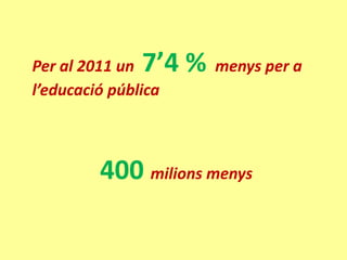Per al 2011 un 7’4 % menys per a
l’educació pública



         400 milions menys
 