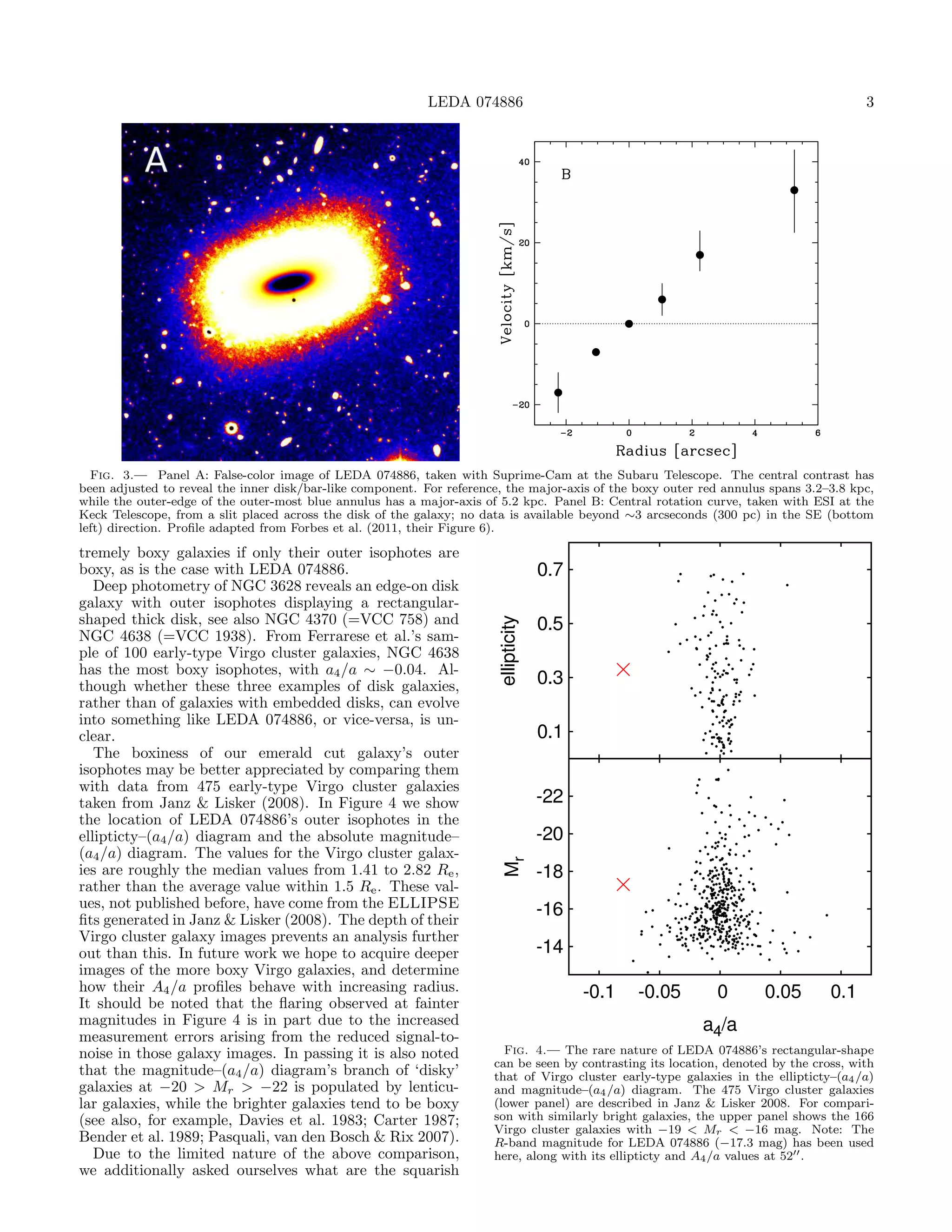 LEDA 074886                                                                 3




  Fig. 3.— Panel A: False-color image of LEDA 074886, taken with Suprime-Cam at the Subaru Telescope. The central contrast has
been adjusted to reveal the inner disk/bar-like component. For reference, the major-axis of the boxy outer red annulus spans 3.2–3.8 kpc,
while the outer-edge of the outer-most blue annulus has a major-axis of 5.2 kpc. Panel B: Central rotation curve, taken with ESI at the
Keck Telescope, from a slit placed across the disk of the galaxy; no data is available beyond ∼3 arcseconds (300 pc) in the SE (bottom
left) direction. Proﬁle adapted from Forbes et al. (2011, their Figure 6).

tremely boxy galaxies if only their outer isophotes are
boxy, as is the case with LEDA 074886.
   Deep photometry of NGC 3628 reveals an edge-on disk
galaxy with outer isophotes displaying a rectangular-
shaped thick disk, see also NGC 4370 (=VCC 758) and
NGC 4638 (=VCC 1938). From Ferrarese et al.’s sam-
ple of 100 early-type Virgo cluster galaxies, NGC 4638
has the most boxy isophotes, with a4 /a ∼ −0.04. Al-
though whether these three examples of disk galaxies,
rather than of galaxies with embedded disks, can evolve
into something like LEDA 074886, or vice-versa, is un-
clear.
   The boxiness of our emerald cut galaxy’s outer
isophotes may be better appreciated by comparing them
with data from 475 early-type Virgo cluster galaxies
taken from Janz & Lisker (2008). In Figure 4 we show
the location of LEDA 074886’s outer isophotes in the
ellipticty–(a4 /a) diagram and the absolute magnitude–
(a4 /a) diagram. The values for the Virgo cluster galax-
ies are roughly the median values from 1.41 to 2.82 Re ,
rather than the average value within 1.5 Re . These val-
ues, not published before, have come from the ELLIPSE
ﬁts generated in Janz & Lisker (2008). The depth of their
Virgo cluster galaxy images prevents an analysis further
out than this. In future work we hope to acquire deeper
images of the more boxy Virgo galaxies, and determine
how their A4 /a proﬁles behave with increasing radius.
It should be noted that the ﬂaring observed at fainter
magnitudes in Figure 4 is in part due to the increased
measurement errors arising from the reduced signal-to-
noise in those galaxy images. In passing it is also noted                Fig. 4.— The rare nature of LEDA 074886’s rectangular-shape
                                                                       can be seen by contrasting its location, denoted by the cross, with
that the magnitude–(a4 /a) diagram’s branch of ‘disky’                 that of Virgo cluster early-type galaxies in the ellipticty–(a4 /a)
galaxies at −20 > Mr > −22 is populated by lenticu-                    and magnitude–(a4 /a) diagram. The 475 Virgo cluster galaxies
lar galaxies, while the brighter galaxies tend to be boxy              (lower panel) are described in Janz & Lisker 2008. For compari-
(see also, for example, Davies et al. 1983; Carter 1987;               son with similarly bright galaxies, the upper panel shows the 166
                                                                       Virgo cluster galaxies with −19 < Mr < −16 mag. Note: The
Bender et al. 1989; Pasquali, van den Bosch & Rix 2007).               R-band magnitude for LEDA 074886 (−17.3 mag) has been used
   Due to the limited nature of the above comparison,                  here, along with its ellipticty and A4 /a values at 52′′ .
we additionally asked ourselves what are the squarish
 