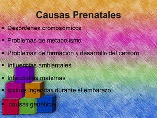 Causas Prenatales
 Desórdenes cromosómicos
 Problemas de metabolismo
 Problemas de formación y desarrollo del cerebro
 Influencias ambientales
 Infecciones maternas
 toxinas ingeridas durante el embarazo
 causas genéticas.

 