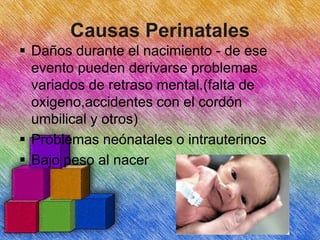 Causas Perinatales
 Daños durante el nacimiento - de ese
evento pueden derivarse problemas
variados de retraso mental.(falta de
oxigeno,accidentes con el cordón
umbilical y otros)
 Problemas neónatales o intrauterinos
 Bajo peso al nacer

 