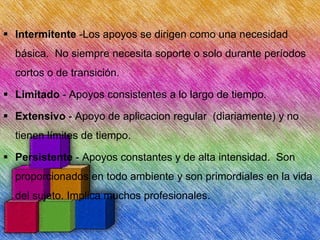  Intermitente -Los apoyos se dirigen como una necesidad
básica. No siempre necesita soporte o solo durante períodos
cortos o de transición.
 Limitado - Apoyos consistentes a lo largo de tiempo.
 Extensivo - Apoyo de aplicacion regular (diariamente) y no

tienen límites de tiempo.
 Persistente - Apoyos constantes y de alta intensidad. Son
proporcionados en todo ambiente y son primordiales en la vida

del sujeto. Implica muchos profesionales.

 