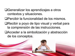 Page 21
Generalizar los aprendizajes a otros
contextos y situaciones.
Percibir la funcionalidad de los mismos.
Recibir a poyo de tipo visual y verbal para
la comprensión de las instrucciones.
Acceder a la simbolización y abstracción
de los conceptos.
 