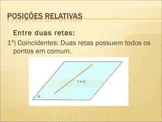  Entre duas retas:
1º) Coincidentes: Duas retas possuem todos os
pontos em comum.
 