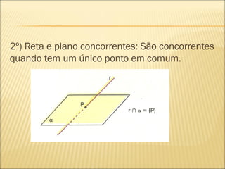 2º) Reta e plano concorrentes: São concorrentes
quando tem um único ponto em comum.
 