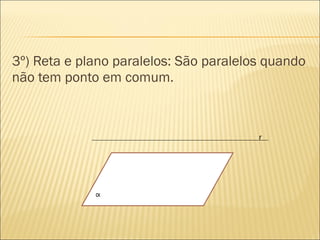 3º) Reta e plano paralelos: São paralelos quando
não tem ponto em comum.
r
 