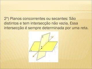 2º) Planos concorrentes ou secantes: São
distintos e tem intersecção não vazia. Essa
intersecção é sempre determinada por uma reta.
 