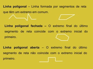 Linha poligonal  – Linha formada por segmentos de reta que têm um extremo em comum.  Linha poligonal fechada –  O extremo final do último segmento de reta coincide com o extremo inicial do primeiro. Linha poligonal aberta  – O extremo final do último segmento de reta não coincide com o extremo inicial do primeiro. 