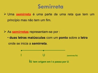 Semirreta Uma   semirreta   é   uma parte de uma reta que tem um princípio mas não tem um fim.  As  semirretas  representam-se por :  •  duas letras maiúsculas  com um  ponto  sobre a  letra onde se inicia a  semirreta . •  •  I  U  (semirreta  i U) i U   tem origem em I e passa por U .  