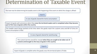 9
The main test for determining the taxable event is the happening of the event on which the charge is affixed
Imports
In ...