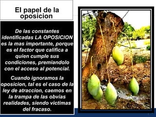 4
El papel de la
oposicion
LA OPOSICION
porque
de la
en
De las constantes
identificadas LA OPOSICION
es la mas importante, porque
es el factor que califica a
quien cumple sus
condiciones, premiandolo
con el acceso al potencial.
Cuando ignoramos la
oposicion, tal es el caso de la
ley de atraccion, caemos en
la trampa de las obvias
realidades, siendo victimas
del fracaso.
 